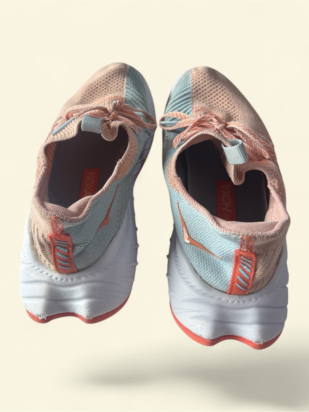 Hoka Women's Coral Peach and Light Blue Running Sneakers - Picture 3 of 7